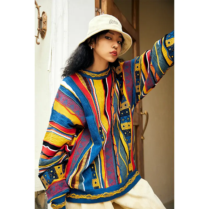 Medria American Chinese Fad Hidden Color Matching Retro Sweater Pop Art Bitter Melon Stripes Ethnic Style Ins