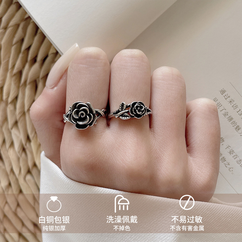 Lanzhi 925 Silver Ring, Non-Fading, Niche Thai Silver, Vintage Floral Open Ring, European and American Style Jewelry, Tail Ring for Women, Wholesale