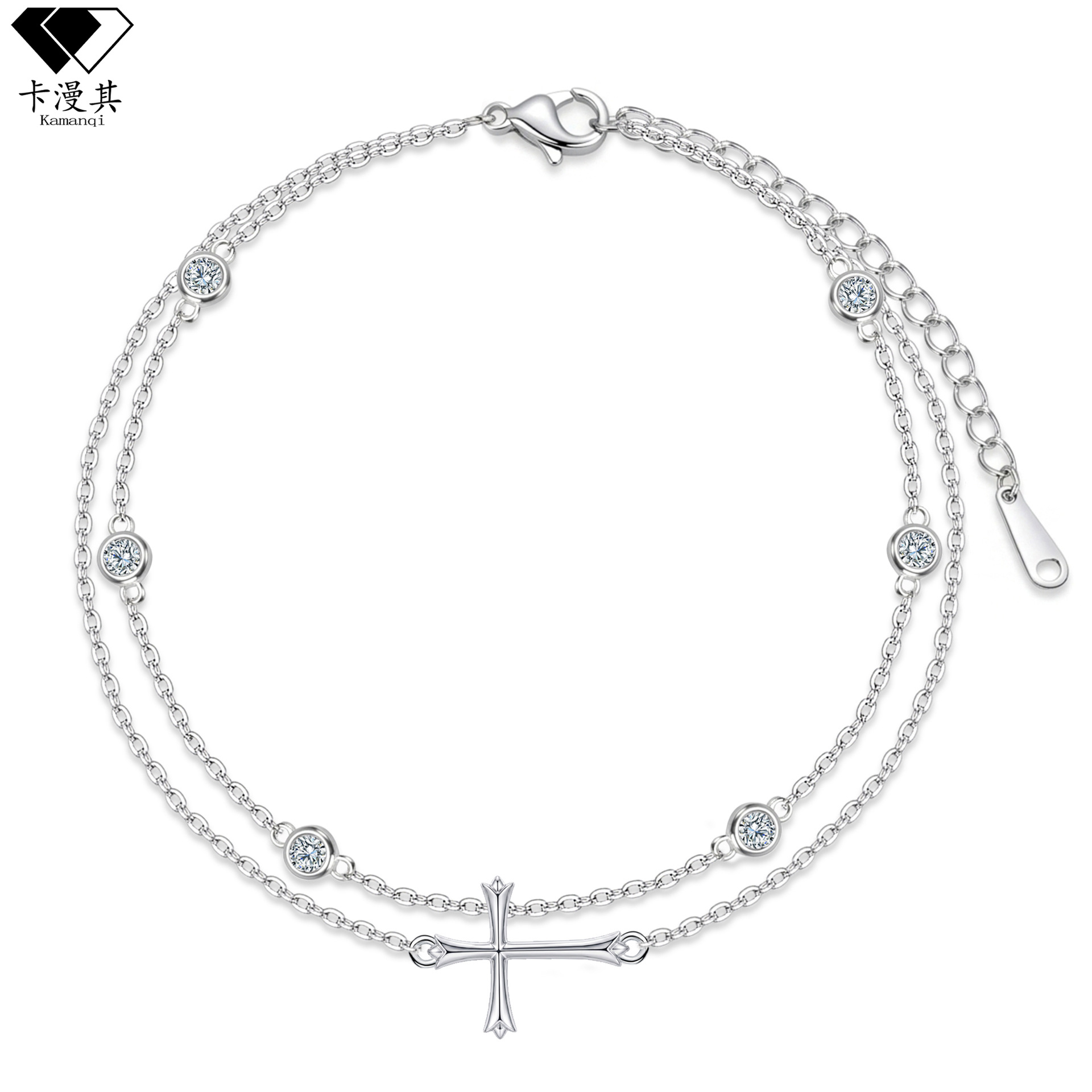 S925 Silver Plated European and American Style Summer New Cross Beaded Anklet for Women, Light Luxury and High-End Feel, Inlaid with Zircon