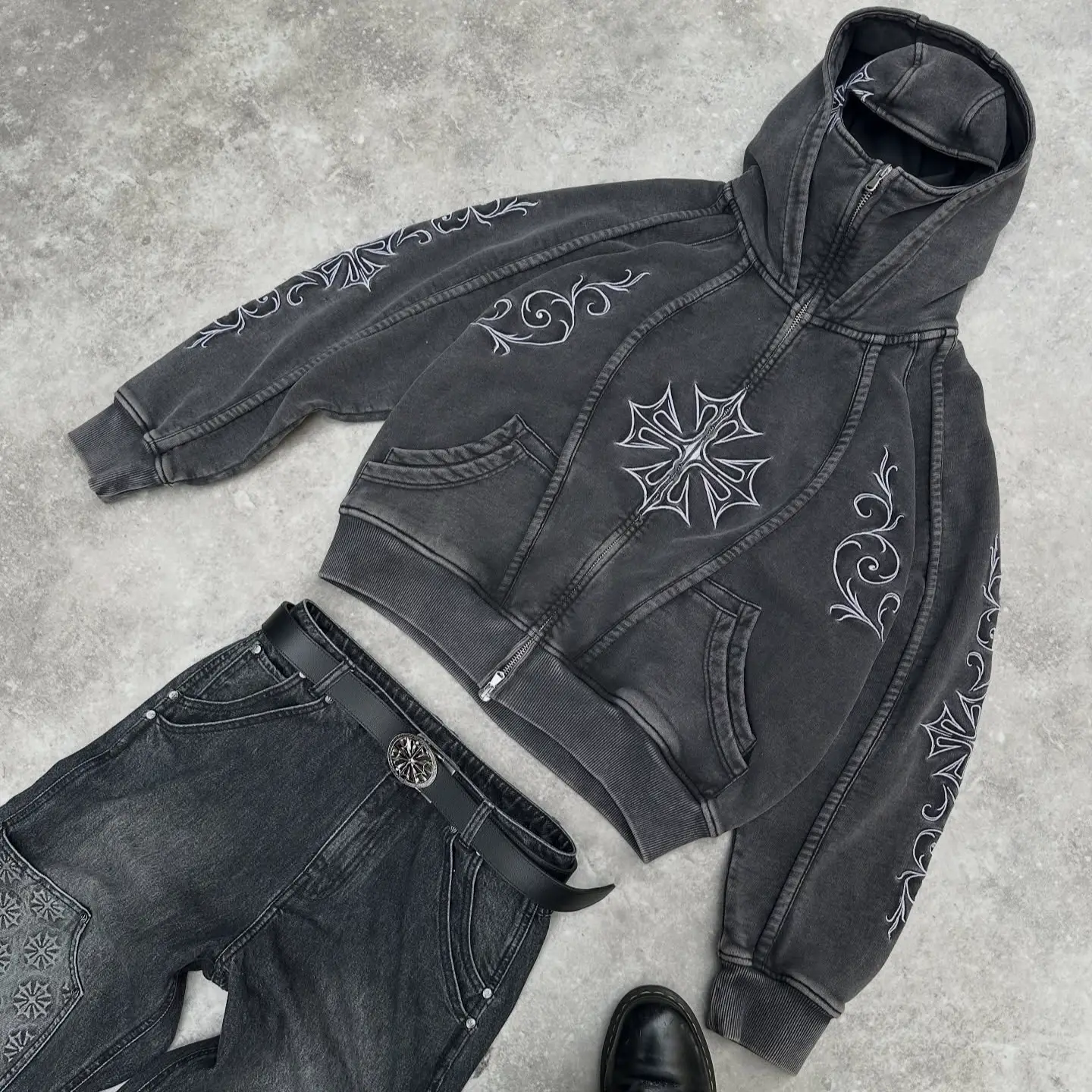 European and American Cross-Border Trendy Brand Winter New Product Washed and Distressed Personalized Embroidered Sweatshirt Men's Street Gothic Style Double Hood Sweatshirt