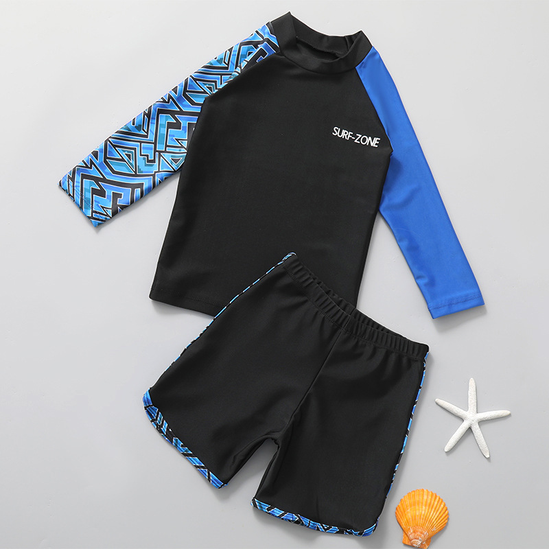 Children's swimsuit boys' two-piece long-sleeved shorts sun protection quick-drying medium and big children boys' swimsuit two-piece Beach suit