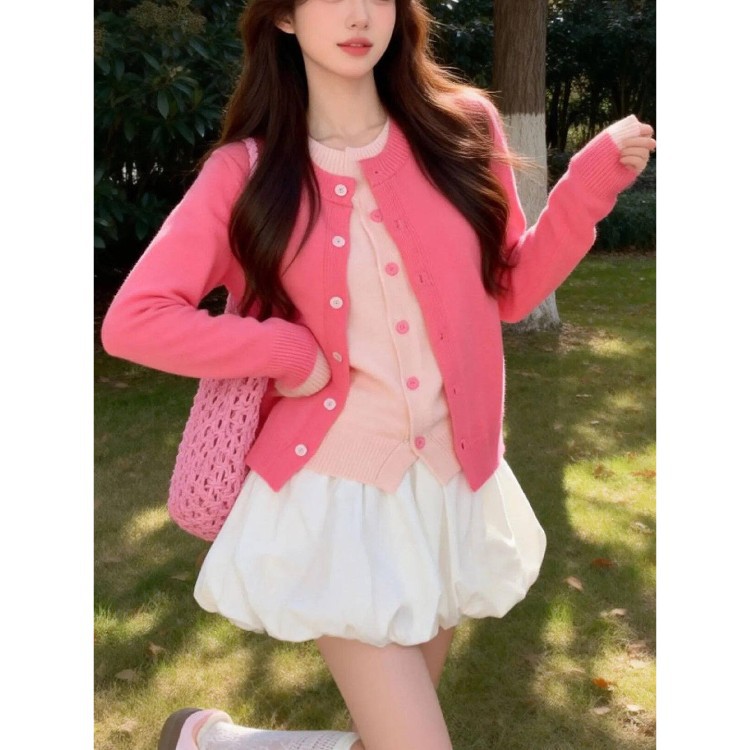 "3.1/Spring New Collection" Xuan Xiao Jie Sweet Pink Faux Two-Piece Knitted Cardigan for Women