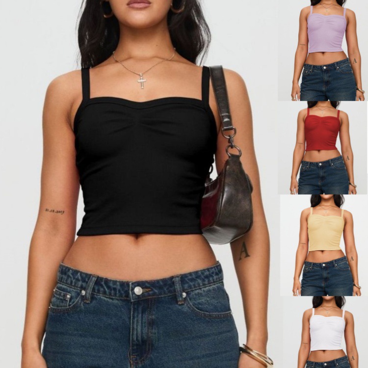 2025 Spring and Summer Cross-border European and American Women's Solid Color Pleated Design Short Navel Slim Y2K All-match Camisole
