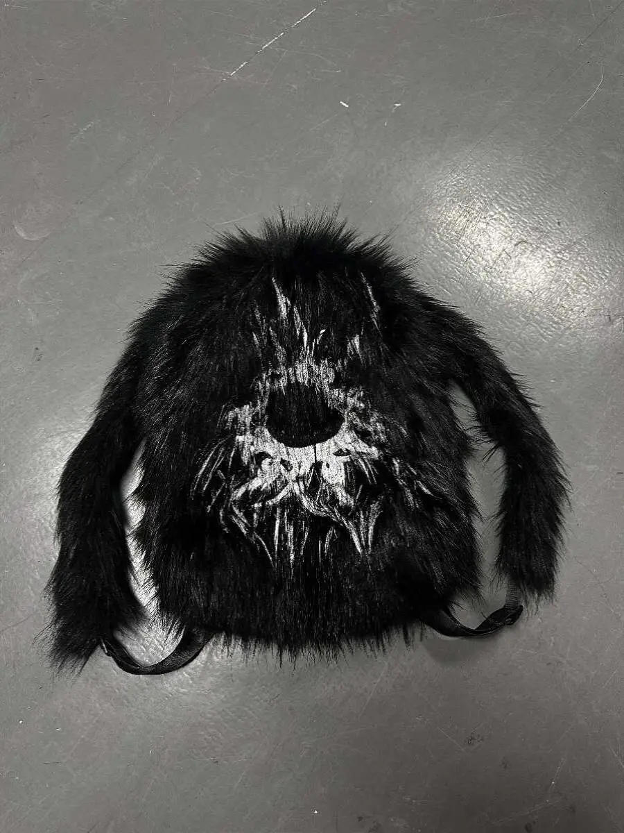 Without Me/Dp Imitation Raccoon Totem Print Fur Stuffed Large Capacity Bag Stylish Street Style Backpack