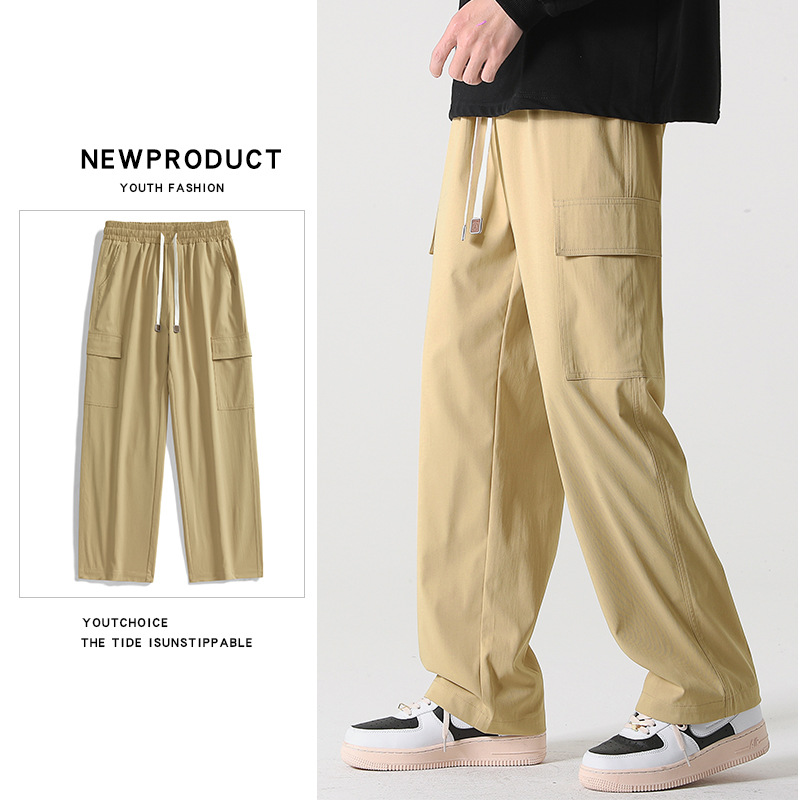Straight-Leg Pants for Men, Wide-Leg Pants, Spring and Autumn, Solid Color, Multi-Pocket Workwear, Loose Casual Long Pants with Drape, Manufacturer