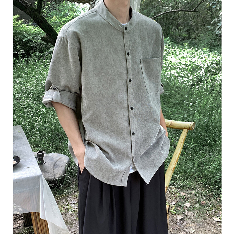 Men's Spring and Summer Mid-Sleeve Corduroy Shirt Retro Simple Korean Style Fashionable Shirt Handsome Casual Shirt Jacket