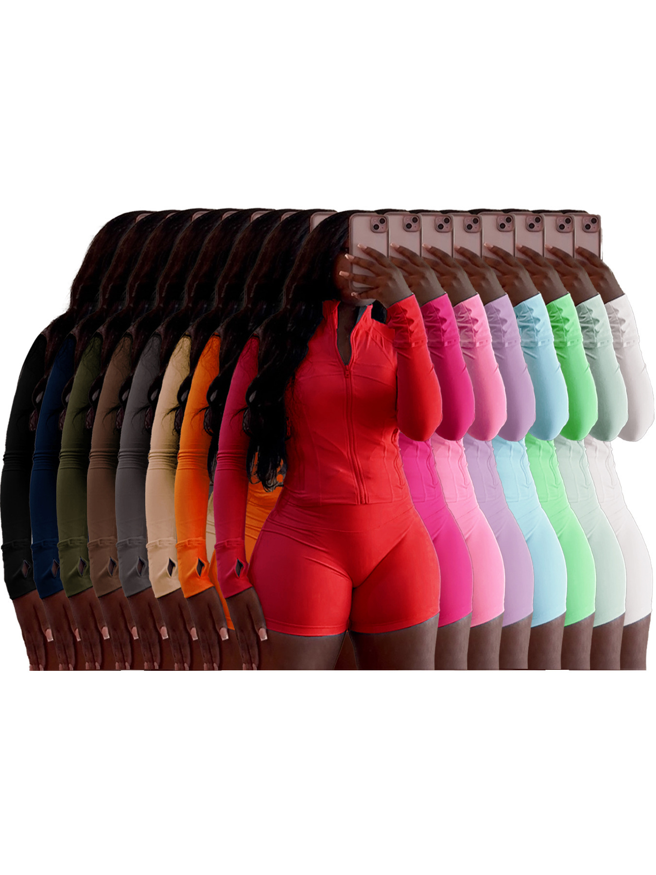 Amazon European and American Cross-Border 2026 Summer New Fashion Set Sexy Solid Color Tight-Fitting Long-Sleeve Shorts Two-Piece Set