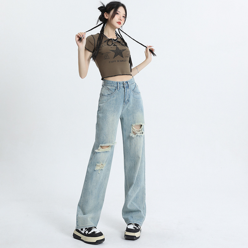 Retro Nostalgic Ripped Wide Leg Jeans Women's 2025 Summer New Straight-Leg Leg Loose High Waist Slim Floor Mopping Pants