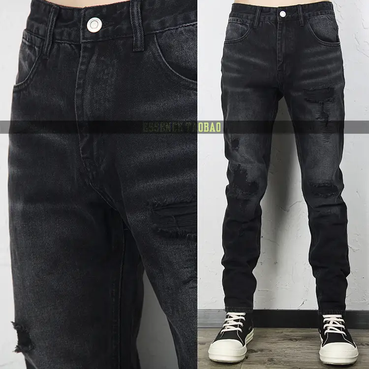 Essence: Dark, Versatile, Distressed, Straight-Leg Jeans, Long Pants, Men's High Street Fashion, Hip-Hop, European and American Style