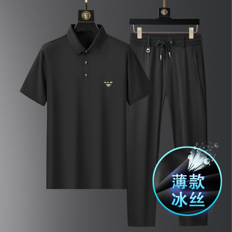 Light Luxury Ice Silk Casual Suit Men's Summer Short-Sleeved T-Shirt Suit Men's Business Polo Shirt Two-Piece Set 33