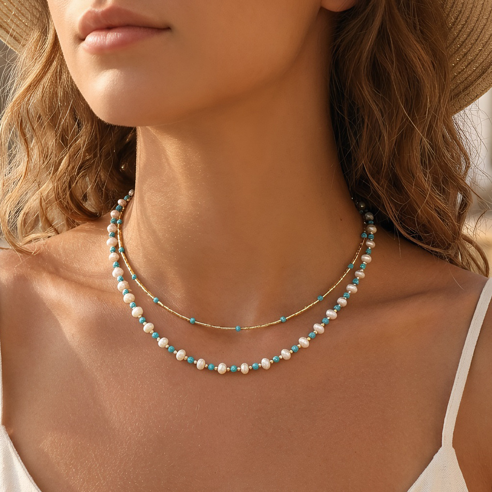 Turquoise Freshwater Irregular-Shaped Millet Pearl Beaded Necklace for Women, New High-End Combination Layered Necklace on Aliexpress