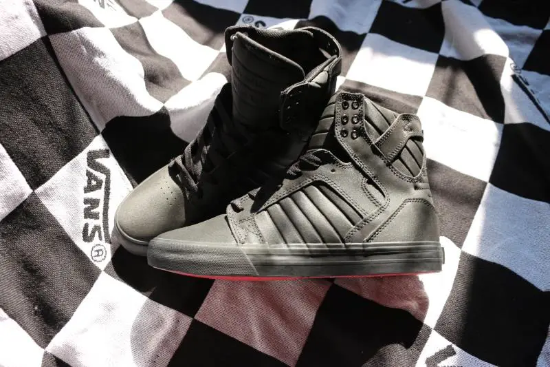 Supra Skytop All Black Satin Leather Red Sole Bieber Style High Top Men's Trendy Sneakers Large Size