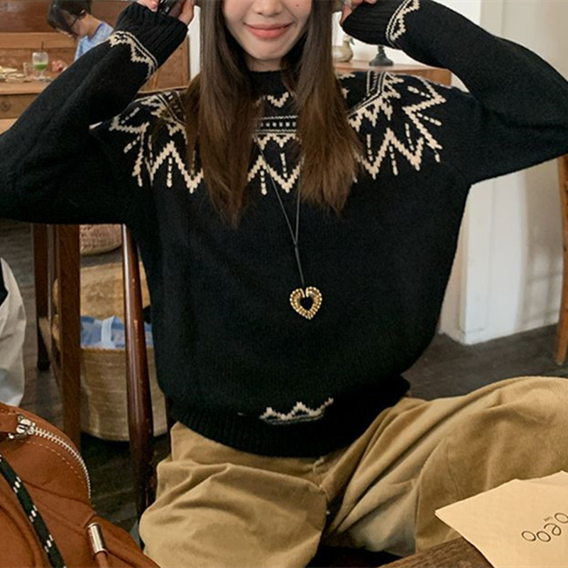 Kaning Fair Isle Jacquard Lazy Style Sweater for Women 2026 Autumn and Winter New Design Retro Korean Style Knitwear
