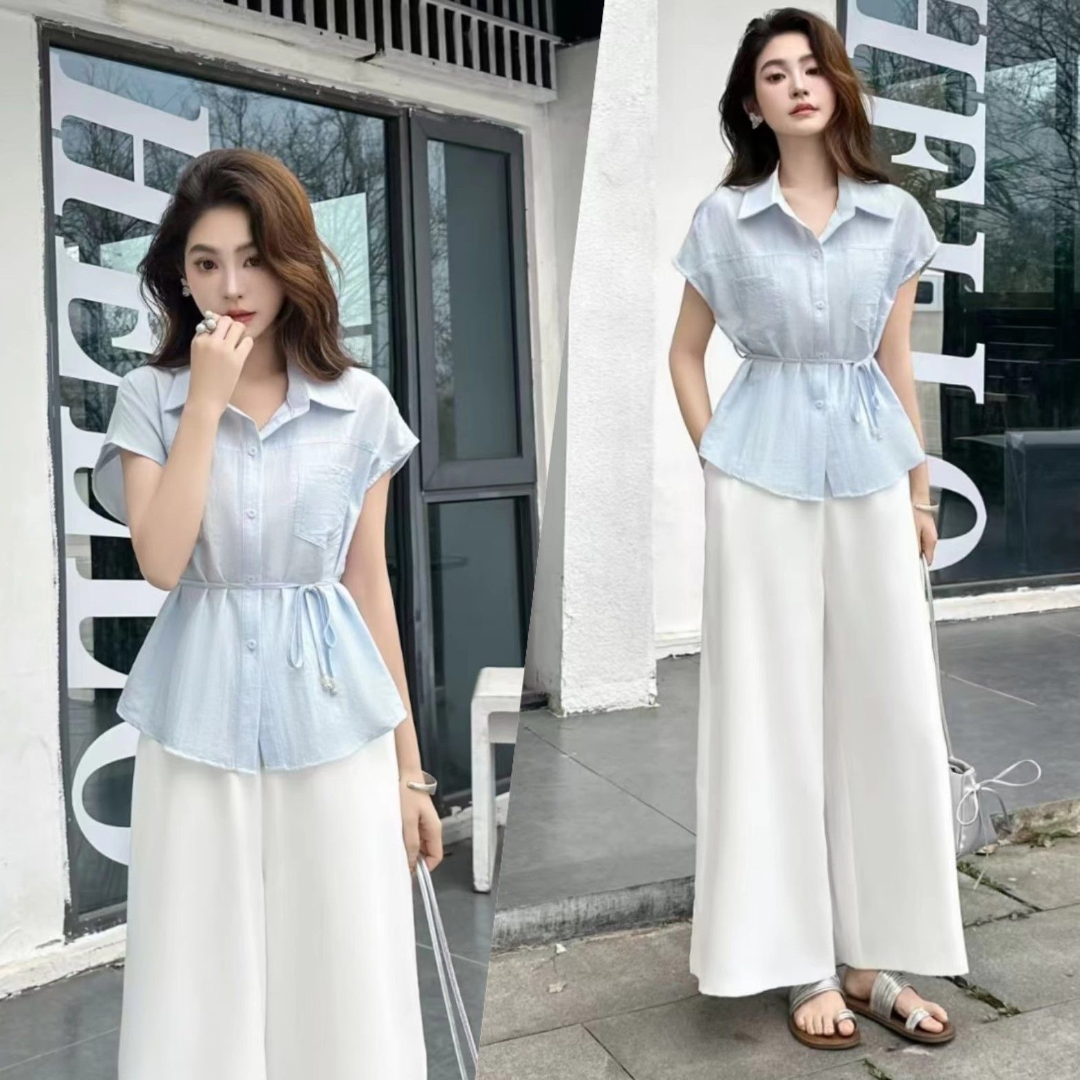 Trendy Two-Piece Set for Women 2026 New Style Summer High-Waisted Wide-Leg Pants Suit Elegant Waist-Cinching Slimming Shirt for Women