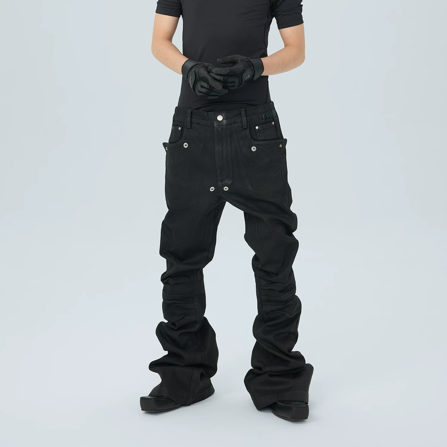 ASTT 25FW Brush Wax Coating Micro Elastic Deconstruction Clear Buckle Slim Fit Extended Wax Pants Wide Leg Floor Pulling Horn Jeans
