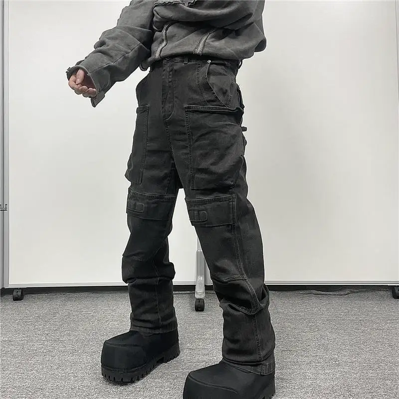2025 High Street Multi-Pocket Dark Style Avant-Garde Heavy-Duty Dirty Washed Distressed Bombshell Paratrooper Workwear Jeans