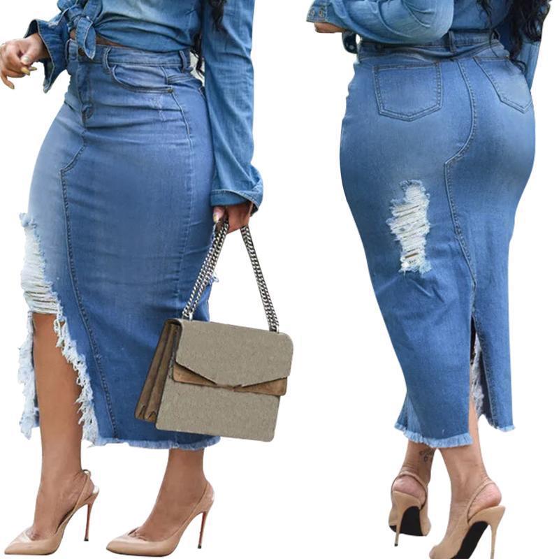 W 39654 Distressed Denim Pencil Skirt Ripped Denim Skirt