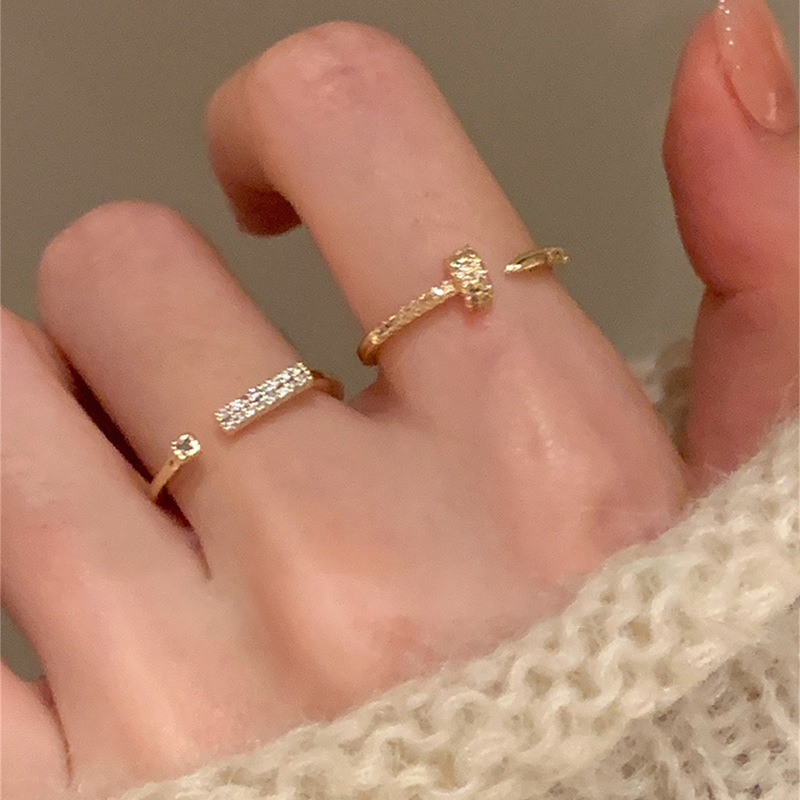 Real Gold Electroplated Design Sense Zircon Nail Opening Ring Korean Niche High-end Sense Ring All-match Finger Ring for Women