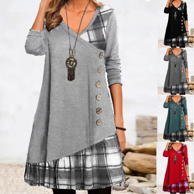 European and American Cross-Border 2023 Amazon Independent Site Temu New Women's Clothing Casual Patchwork Button Long-Sleeve Dress
