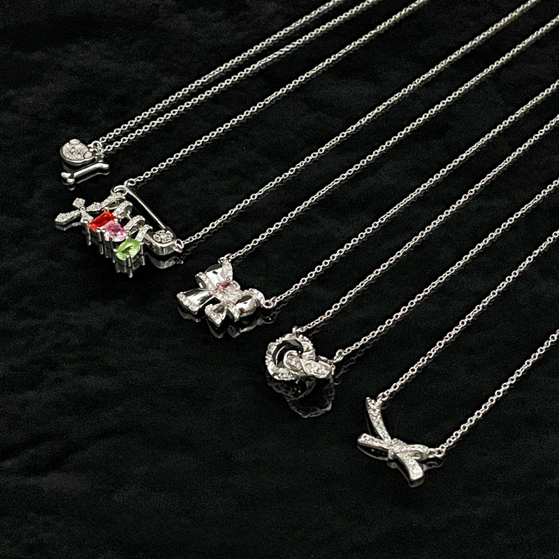 New Colored Diamond Zircon Cross Pendant Necklace Women's Double Ring Bow Elegant Hong Kong Style Sweet Cool All-match Clavicle Chain