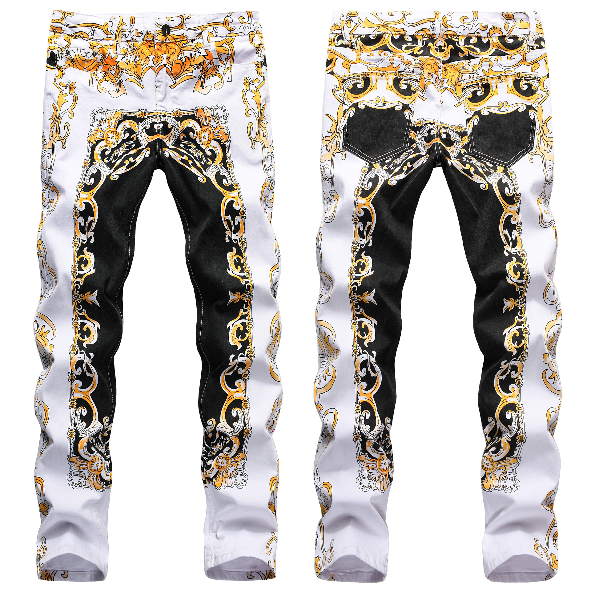 European and American Men's Stretch Men's Trousers Slim-Fit Color Pull-Out Printed Small Leg Casual Large Size Denim Trendy Pants