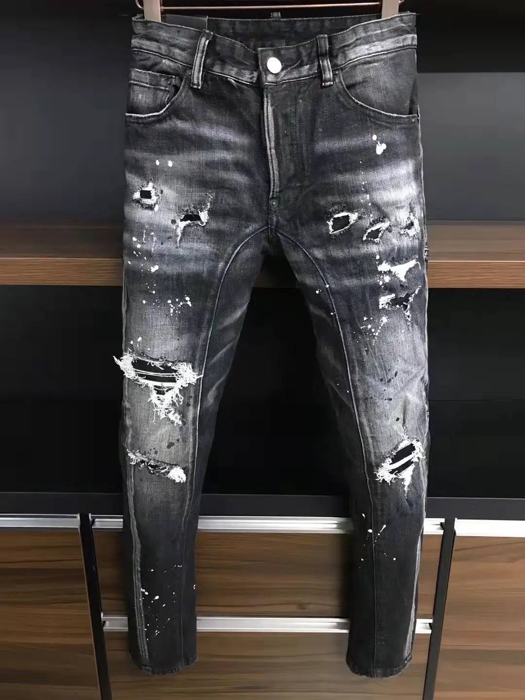 2022 Spring/Summer New D2 Trendy Men's Washed Distressed Patched Painted 3D Cut Skinny Black Jeans for Men