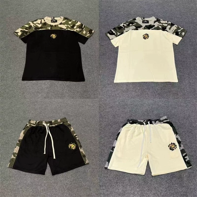 Broken planet logo embroidered logo camouflage splicing short sleeved American street casual shorts set ins