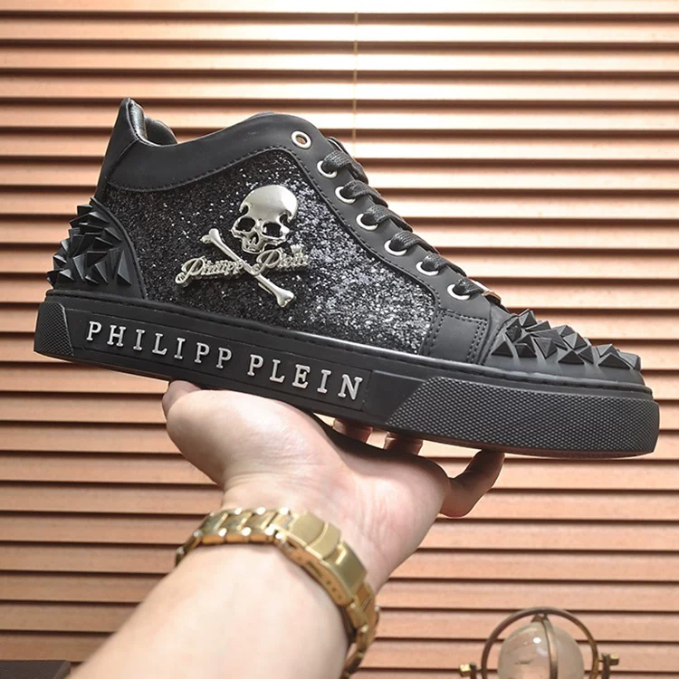 Philipp Plein Black Glitter Skull High-Top Sneakers