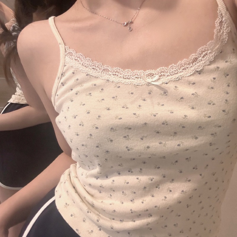 Floral Camisole Women's Fashion 2024 Summer Pure Desire Style Lace Inner Wear Sexy Outerwear Base Shirt Trendy Top