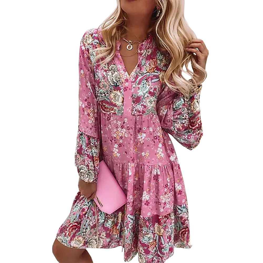 2026 Cross-Border European and American Spring and Summer New Style V-Neck Floral Patchwork Printed Short Dress with Three-Quarter Sleeves and Layered Mini Dress