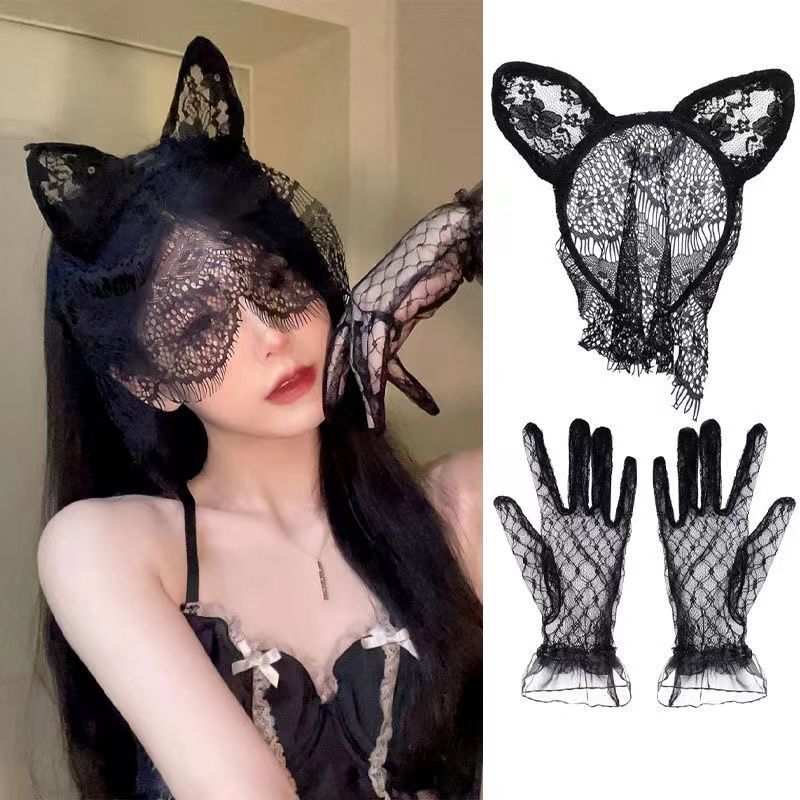 Cosplay Comic Convention Black Cat Ear Headband Female Lace Mask Eye Mask Girl Mesh Bunny Ears Headwear Wholesale
