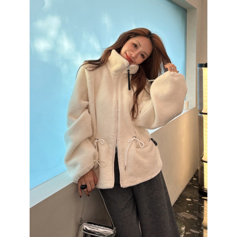 Longmei Loose Lamb Wool Stand Collar Jacket for Women 2025 Autumn and Winter New Vkc Style Drawstring Waist Zipper Coat