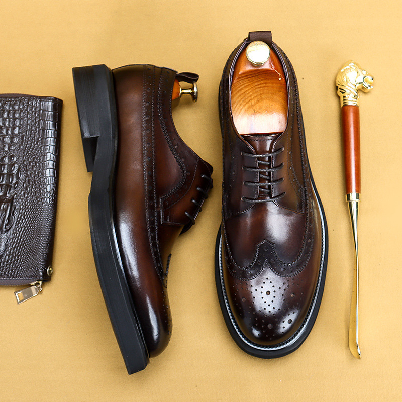 Round-Toe Brogue Men's Genuine Leather Large-Toe Business Casual Shoes, First-Layer Cowhide Leather Shoes, Thick-Soled Height-Increasing Pure Leather