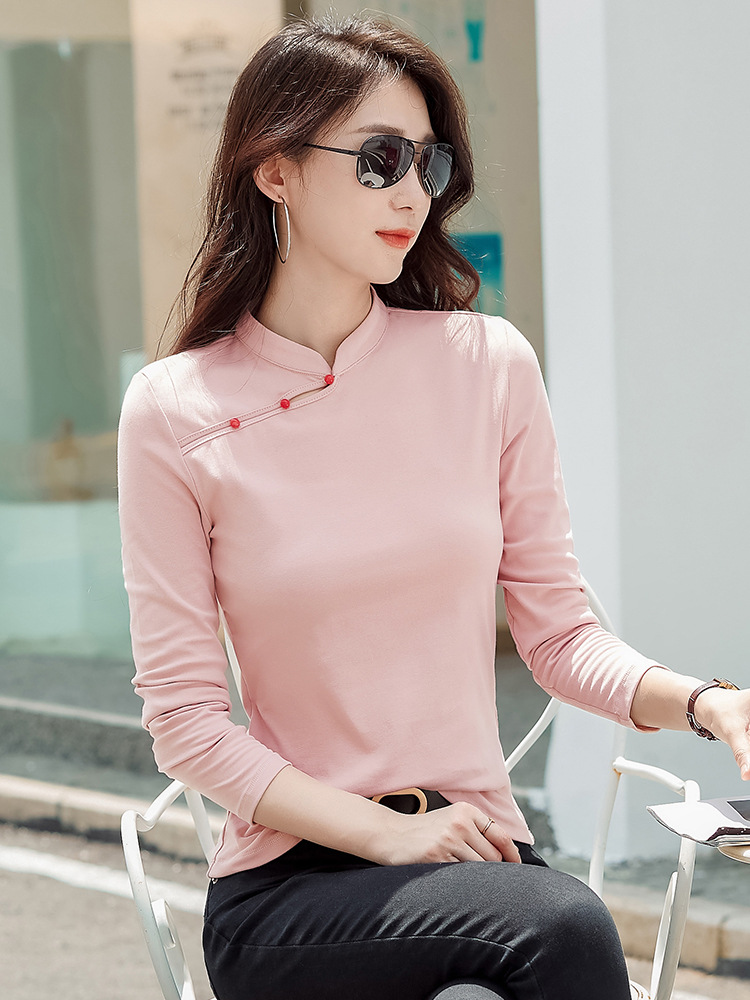Spring and Autumn Stand-Up Collar Retro Diagonal Button Korean Style Slim Fit Cotton Comfortable Long-Sleeved T-Shirt Women's Top 185-1