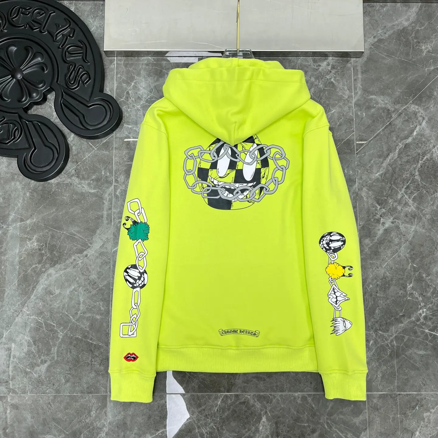 2025 New Ch Crowe Trendy Brand Sanskrit Cartoon Animation Green Loose Versatile Hooded Sweatshirt for Men and Women