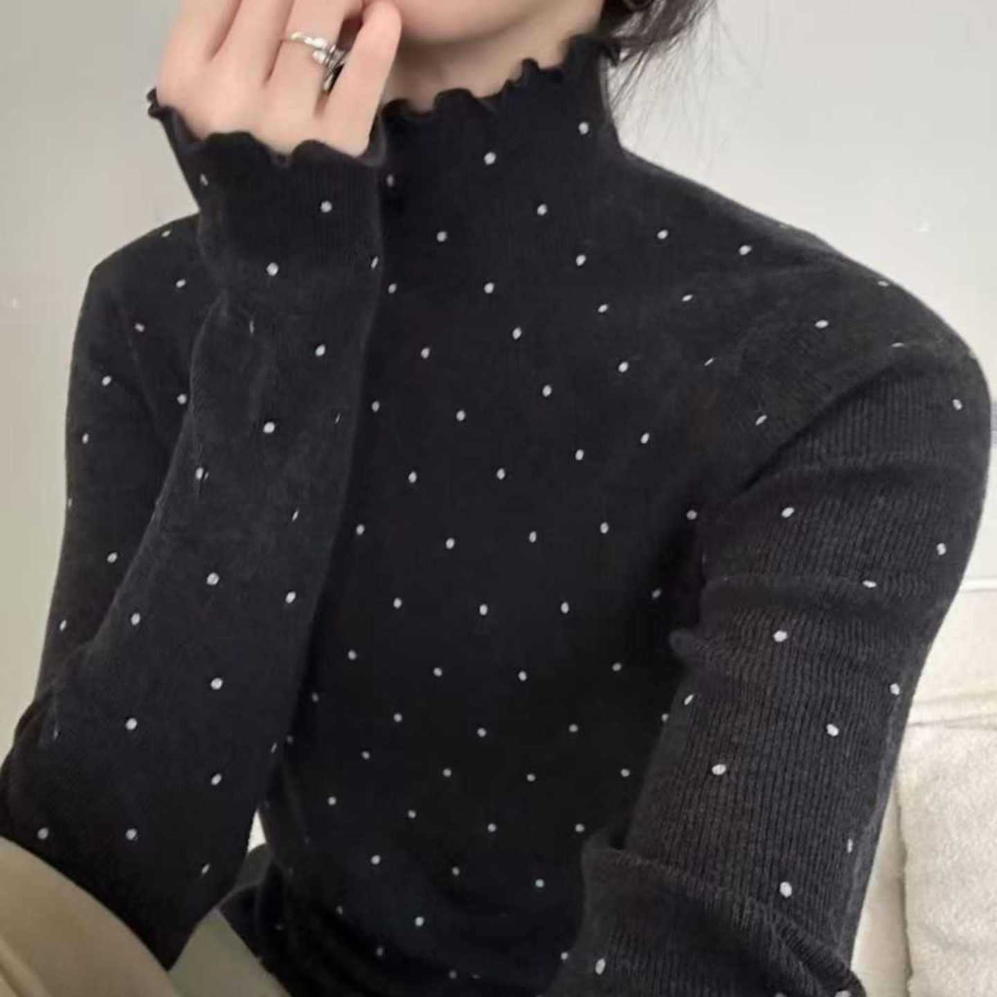 Half-Turtleneck Knit Sweater for Women, New Autumn and Winter Polka Dot Inner Sweater, Slim Fit Basic Style Base Layer Top