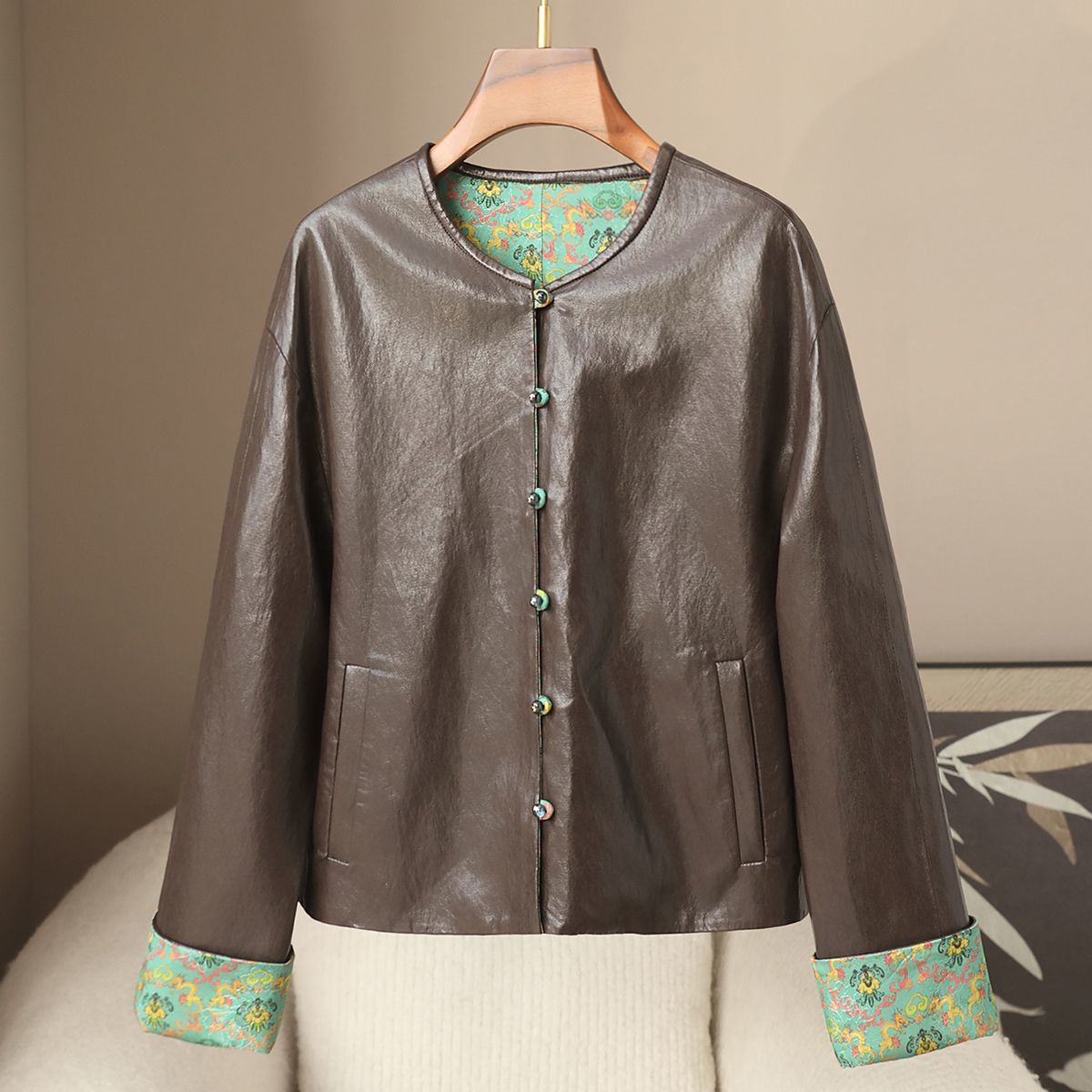 Small Quantity Fashion Clothing 2026 Spring New Style Versatile Round-Neck Chinese Style Pu Leather Jacket Reversible New Chinese Style Coat for Women