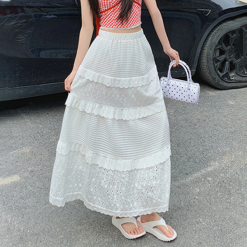 White 2025 Summer Lace Design Niche Skirt for Women Lady High Waist Petite A-Line Skirt Elegant Cake