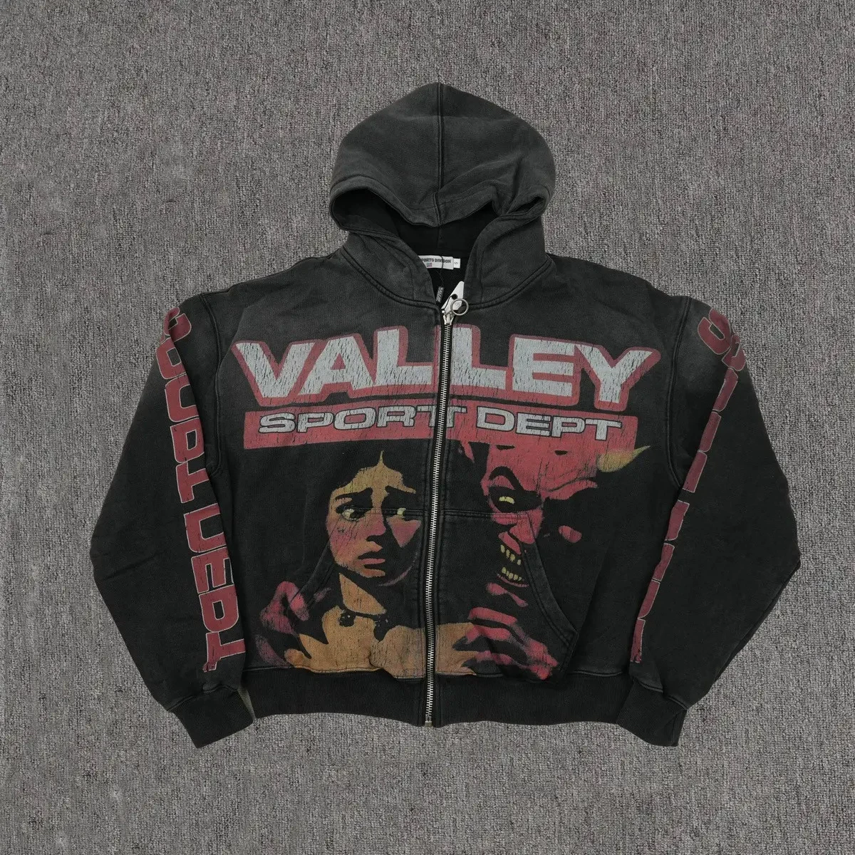 Trendy Vale Valley Sport Dept Autumn and Winter Thin Washed Vintage-Style Zip-Up Sweatshirt Jacket