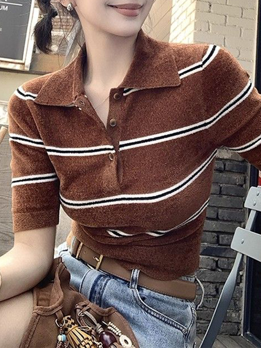Lapel Retro Contrast Striped Sweater Short-Sleeved Women's Summer Design College Style Slimming Waist Top