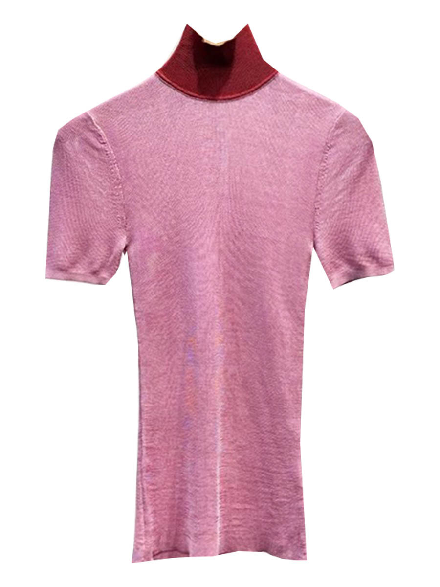 Sp2025 Summer High Collar Contrast Color Knitwear Women's Slim Short-Sleeved Ice Silk Simple T-Shirt