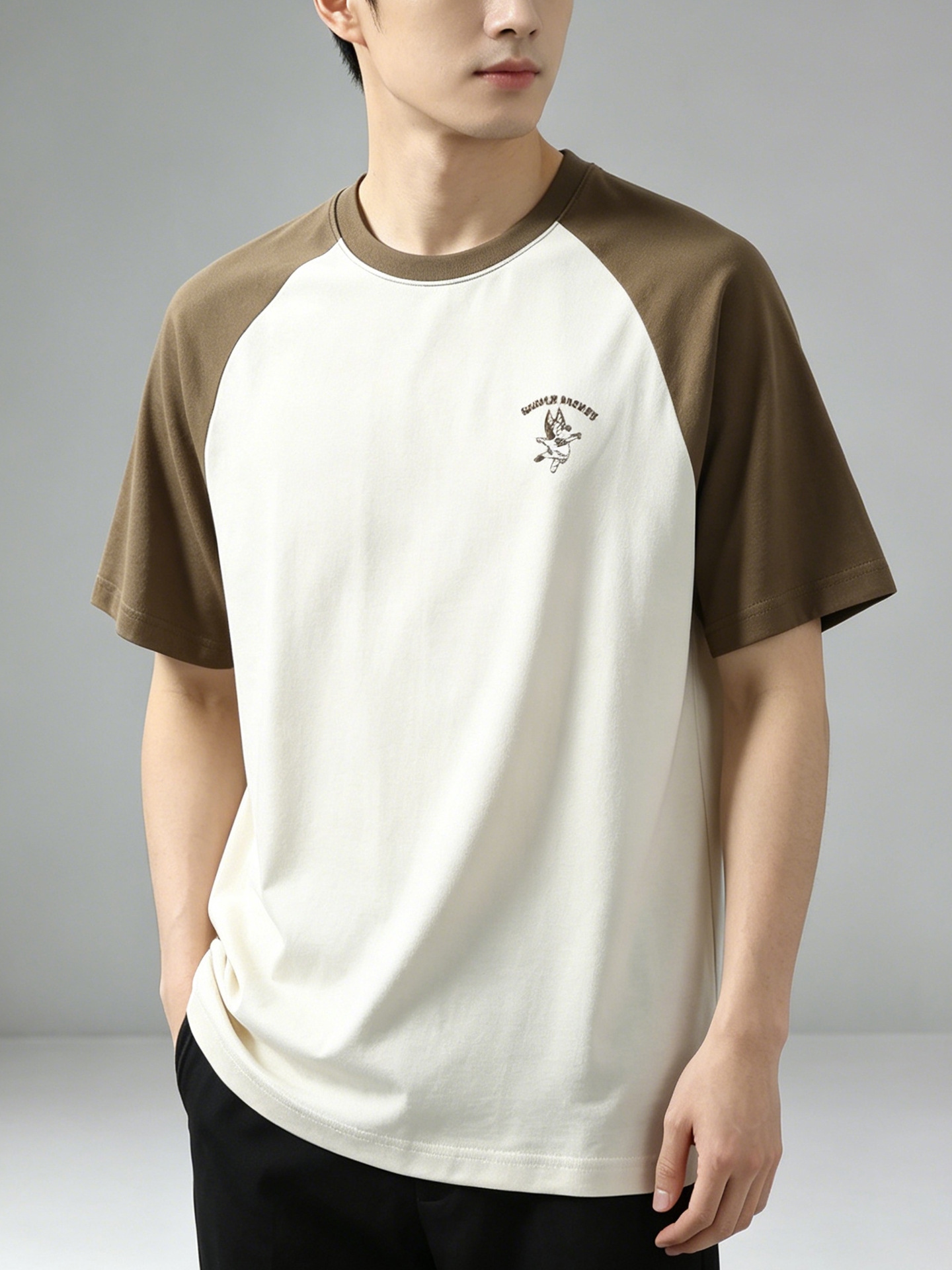 Men's Summer Breathable Skin-Friendly Short-Sleeve T-Shirt with Color-Blocking Embroidery Casual Round-Neck Half-Sleeve Tee 2W324