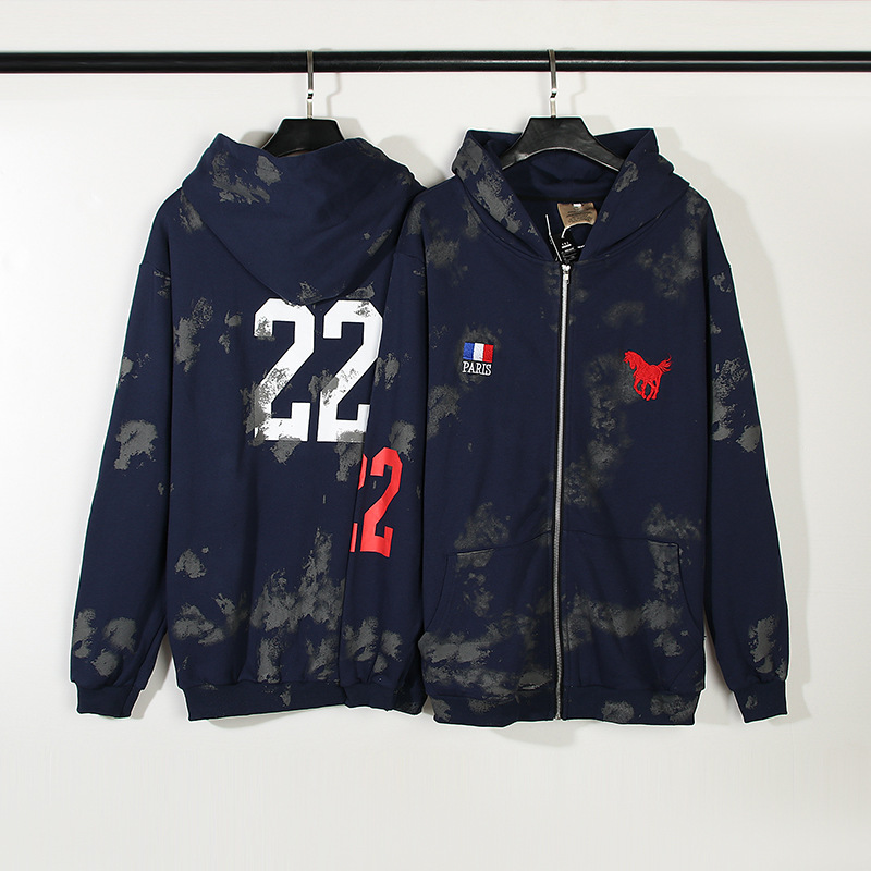 2024 High Street American War Horse Embroidery Heavy Industry Mud Dyed Old Retro Washed Zipper Loose Hooded Sweatshirt