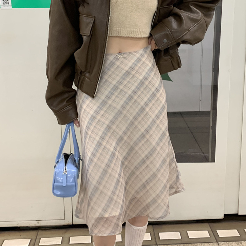 South Korea Chic Exterior French Style Retro High Waist Covering Cross All-Match Contrast Plaid Hip Skirt Fishtail Skirt Women's Skirt