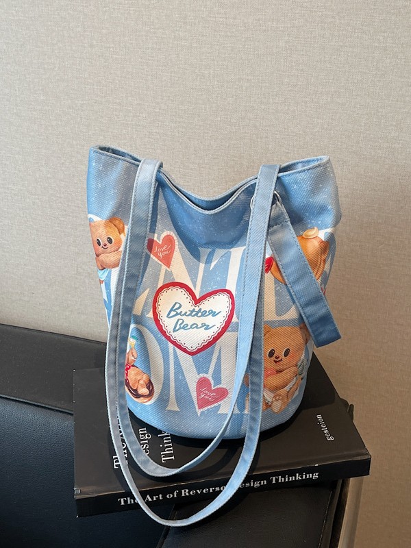 Gentlewoman Cute Cartoon Bear Canvas Bucket Bag 2025 New Contrast Color All-match Shoulder Bag for Women