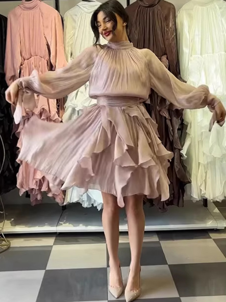 2026 New Year's Cross-Border European and American Foreign Trade Short Ruffled Elegant Waist-Cinching Dress