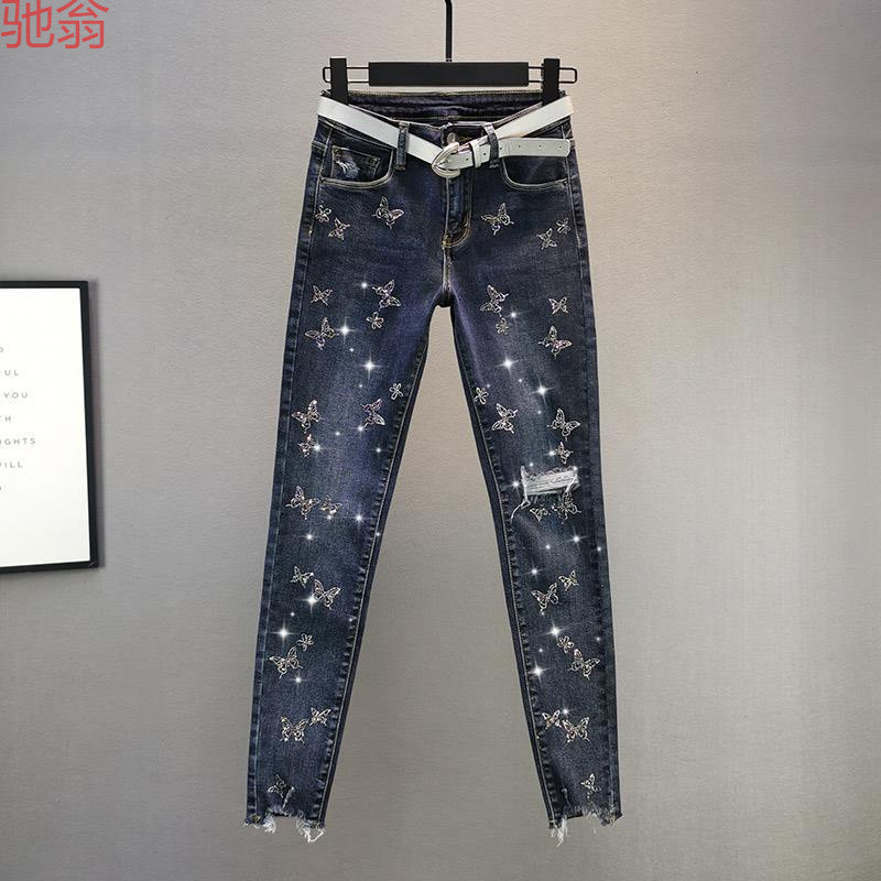 W9Q European Jeans Women's 2024 New European Station Fashion High Waist Slim Slim Look Skinny Hot Drilling Cotton Elastic Leg