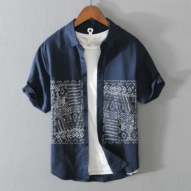 L866 summer new Chinese style artistic shirt men's breathable retro casual ethnic style short sleeve printed shirt men