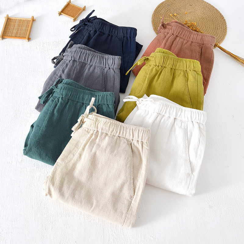8227 Japanese-Style Elastic Drawstring Ramie Casual Shorts for Men, Summer Beach Versatile Loose Cotton-Linen Five-Point Shorts