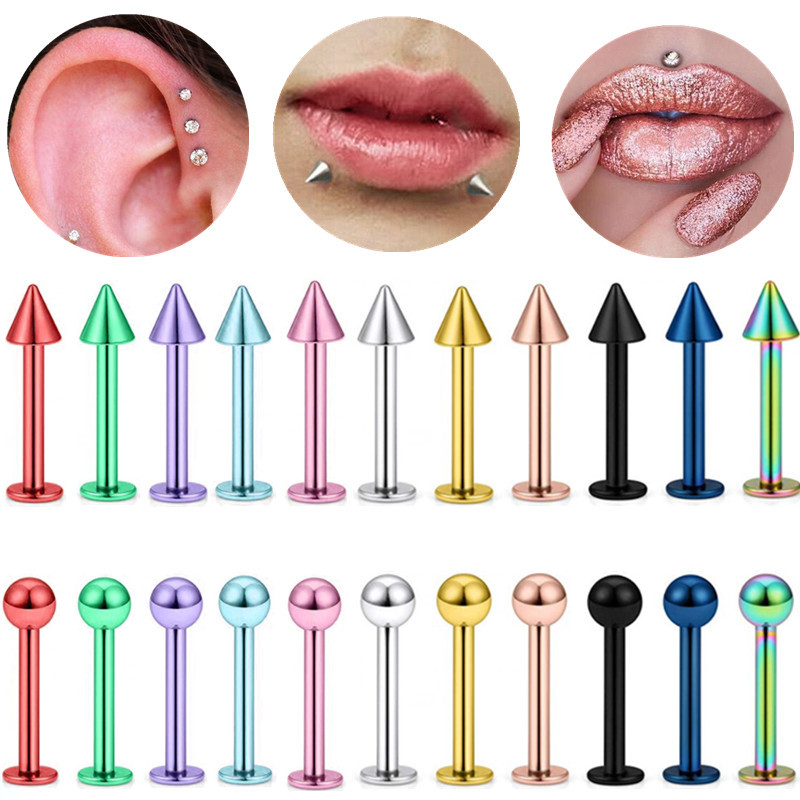 European and American electrophoresis titanium steel ear bone nail lip ring sharp cone flat lip nail ball ear studs vacuum electroplating puncture jewelry supply